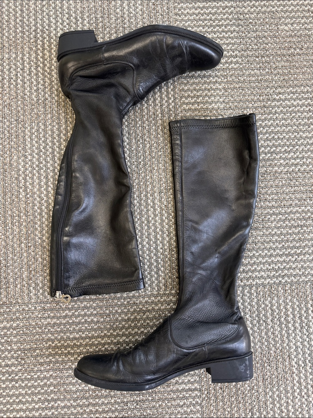 Salvatore Ferragamo Black Leather Knee High Boots, size 9.5